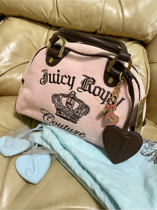 Juicy Couture Handbags - Vintage Juicy Couture Royal Bowler Bag Velour Velvet Baby Pink Crown w/Charms